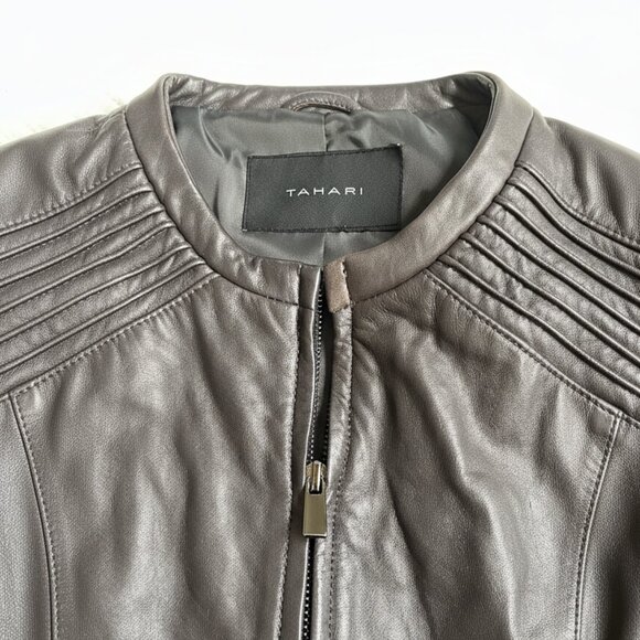 Tahari Dark Brown Genuine Leather Moto Jacket Women’s Medium – Zip Front - Picture 5 of 7